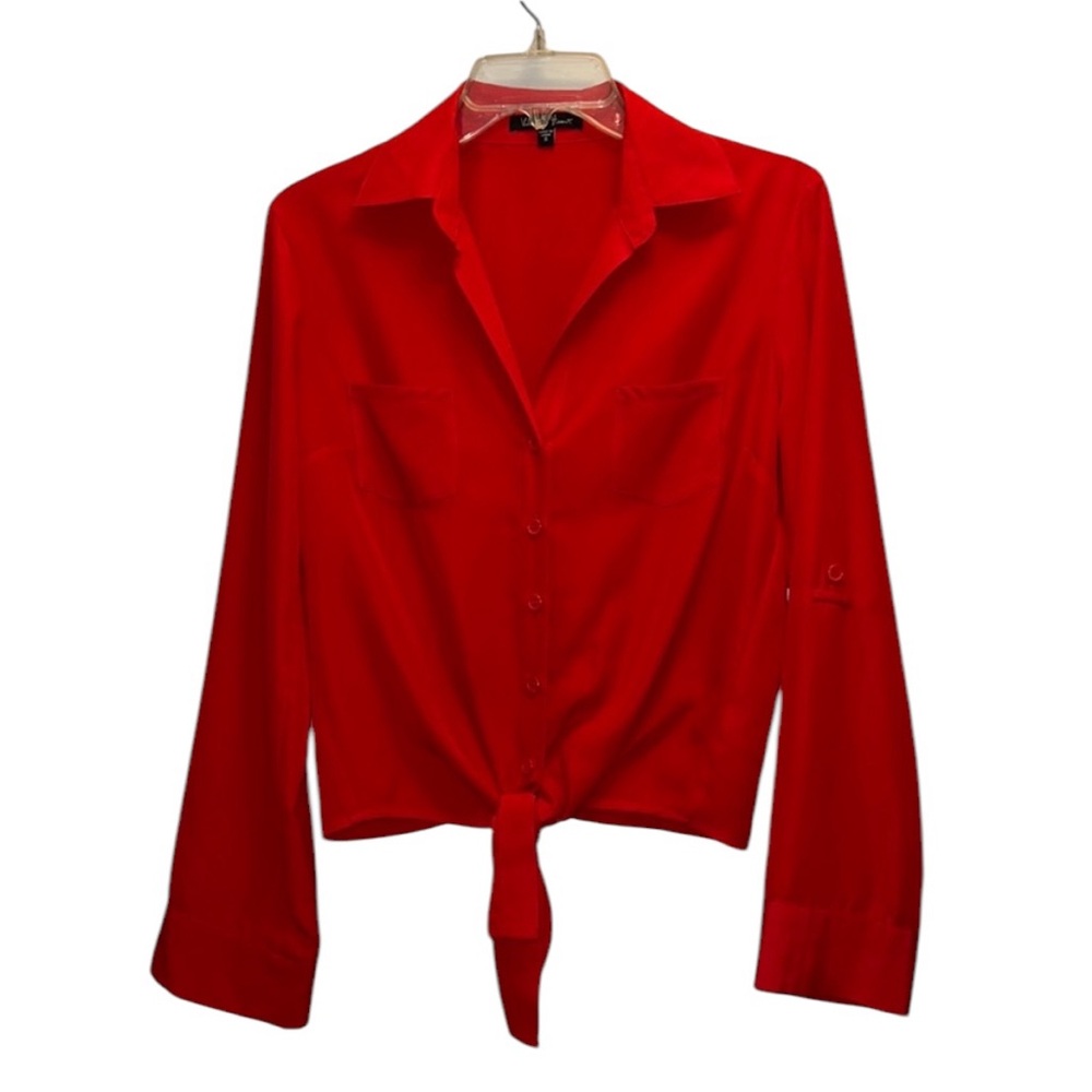 Red Velvet Red Tie up Long Sleeve Blouse Size Small